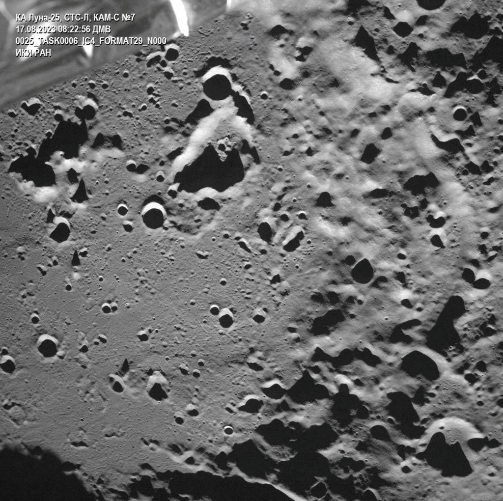 A picture taken from the camera of the lunar landing spacecraft Luna-25 shows the Zeeman crater located on the far side of the moon on Thursday. Photo: Roscosmos/Handout via Reuters A picture taken from the camera of the lunar landing spacecraft Luna-25 shows the Zeeman crater located on the far side of the moon on Thursday. Photo: Roscosmos/Handout via Reuters
