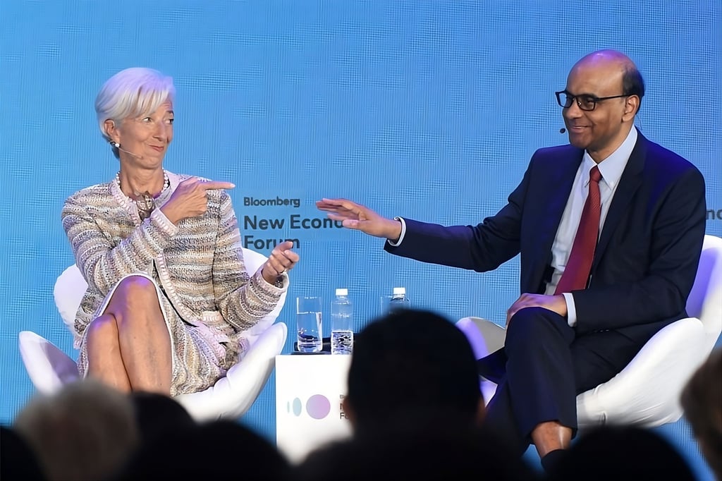 Tharman Shanmugaratnam and European Central Bank President Christine Lagarde share a light moment at an economic forum. Photo: tharman.sg/Handout