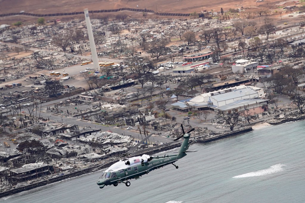President Joe Biden and first lady Jill Biden take an aerial tour on Marine One over areas devastated by the Maui wildfires. Photo: AP President Joe Biden and first lady Jill Biden take an aerial tour on Marine One over areas devastated by the Maui wildfires. Photo: AP