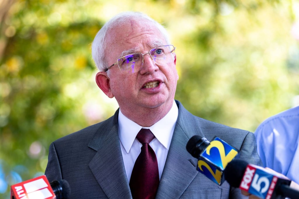 John Eastman, a lawyer indicted with former US president Donald Trump, makes a statement to the press outside the Fulton County Jail in Atlanta on Tuesday. Photo: TNS