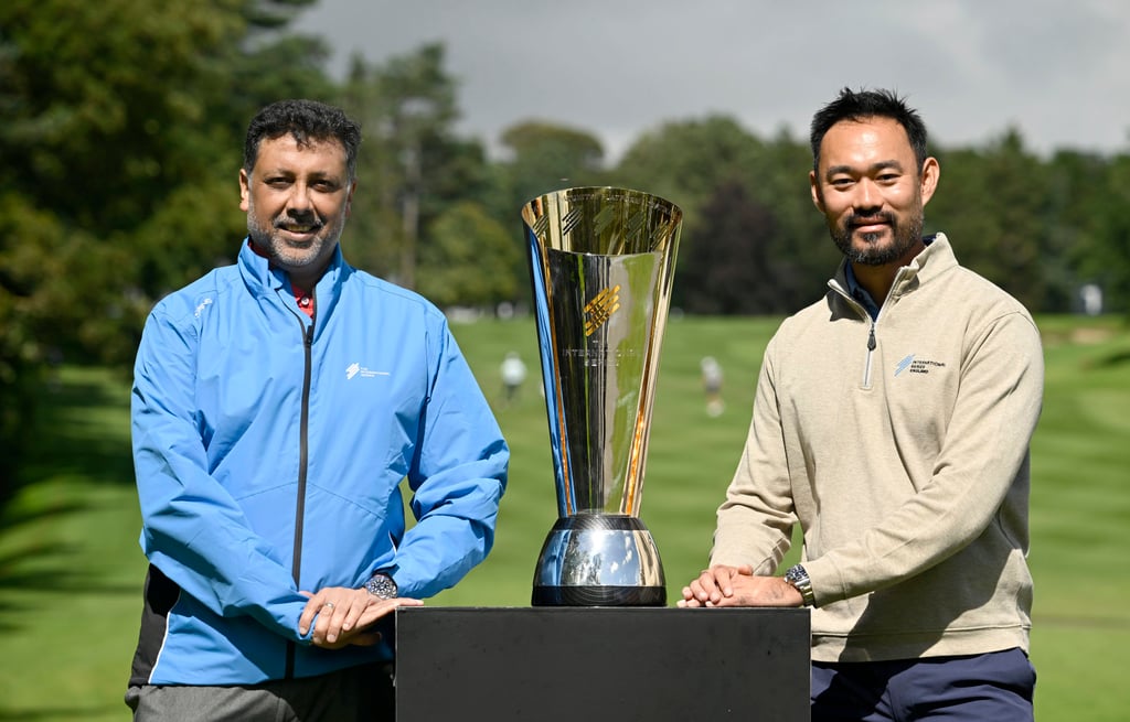 Rahul Singh, head of the International Series (left), and Cho Minn Thant, Asian Tour CEO and commissioner with the winner’s trophy at the International Series England. Photo: Asian Tour