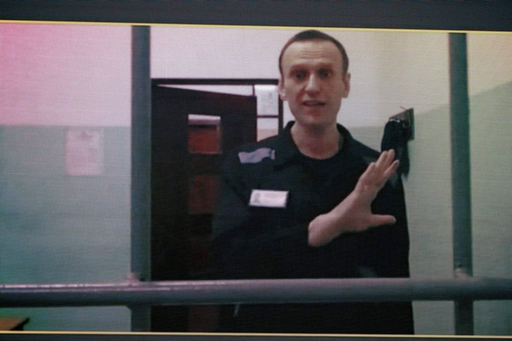 Russian opposition leader Alexei Navalny appears in via video link from the penal colony in Melekhovo, Vladimir region, during a hearing at the Russian Supreme Court in Moscow on Wednesday. Photo: AP Russian opposition leader Alexei Navalny appears in via video link from the penal colony in Melekhovo, Vladimir region, during a hearing at the Russian Supreme Court in Moscow on Wednesday. Photo: AP