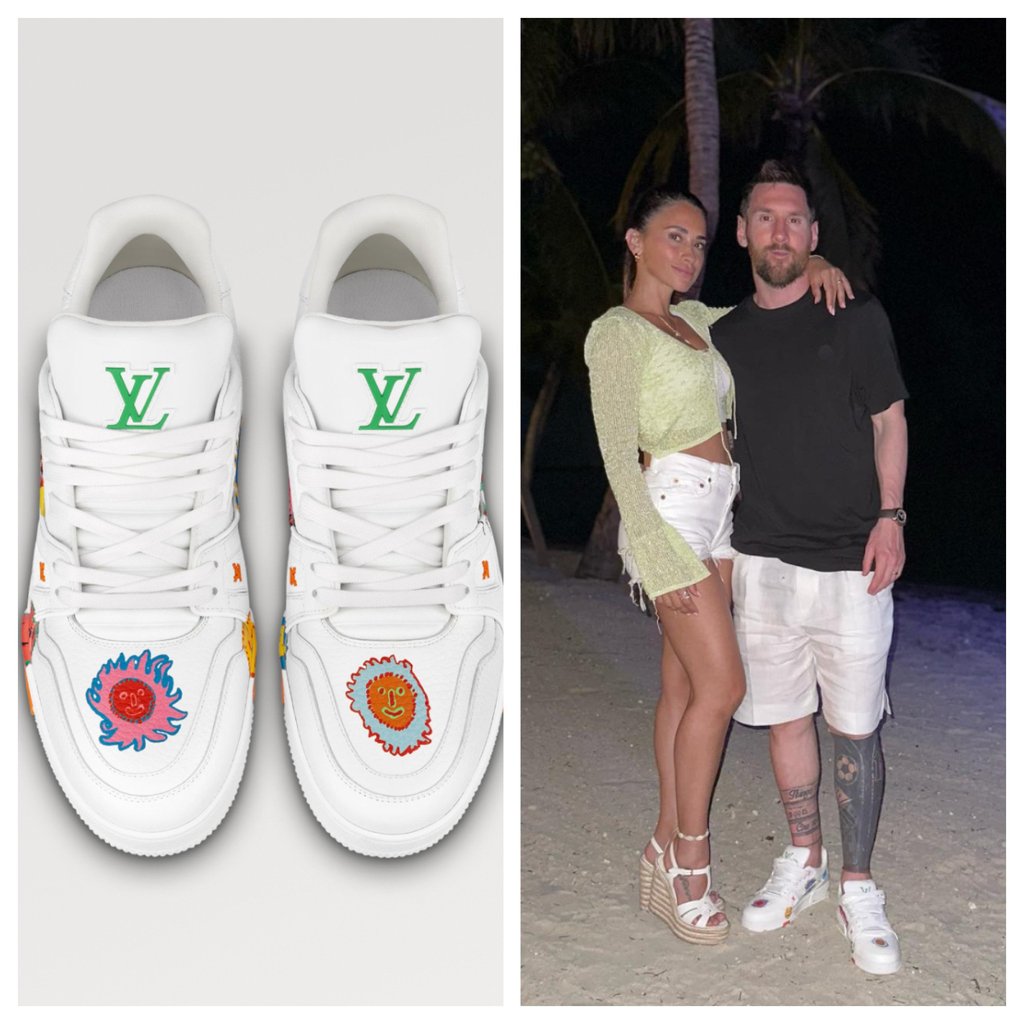 Lionel Messi poses in a pair of Louis Vuitton x Yayoi Kusama trainers with wife Antonela Roccuzzo on their recent Caribbean holiday. Photos: Louis Vuitton; @leomessi/Instagram