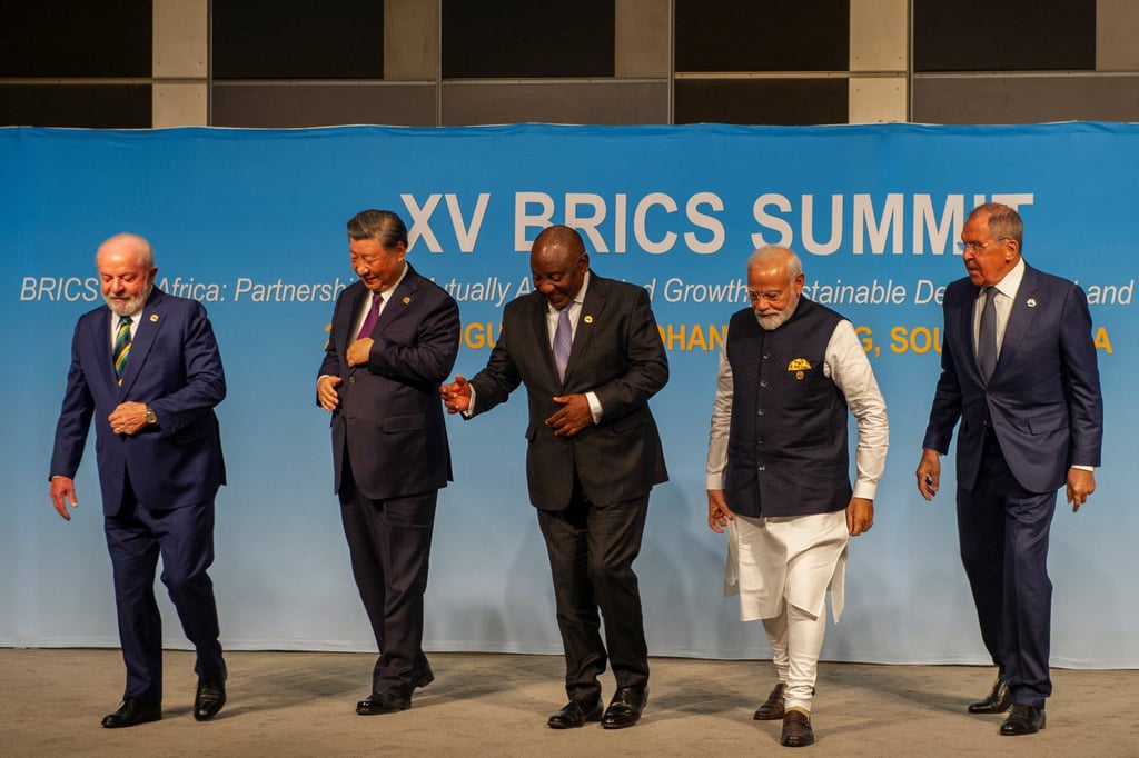 From left, Brazilian President Luiz Inacio Lula da Silva; Xi; South African President Cyril Ramaphosa, Modi; and Russian Foreign Minister Sergey Lavrov after a photo shoot at the Brics summit in Johannesburg on Wednesday. Photo: Reuters From left, Brazilian President Luiz Inacio Lula da Silva; Xi; South African President Cyril Ramaphosa, Modi; and Russian Foreign Minister Sergey Lavrov after a photo shoot at the Brics summit in Johannesburg on Wednesday. Photo: Reuters