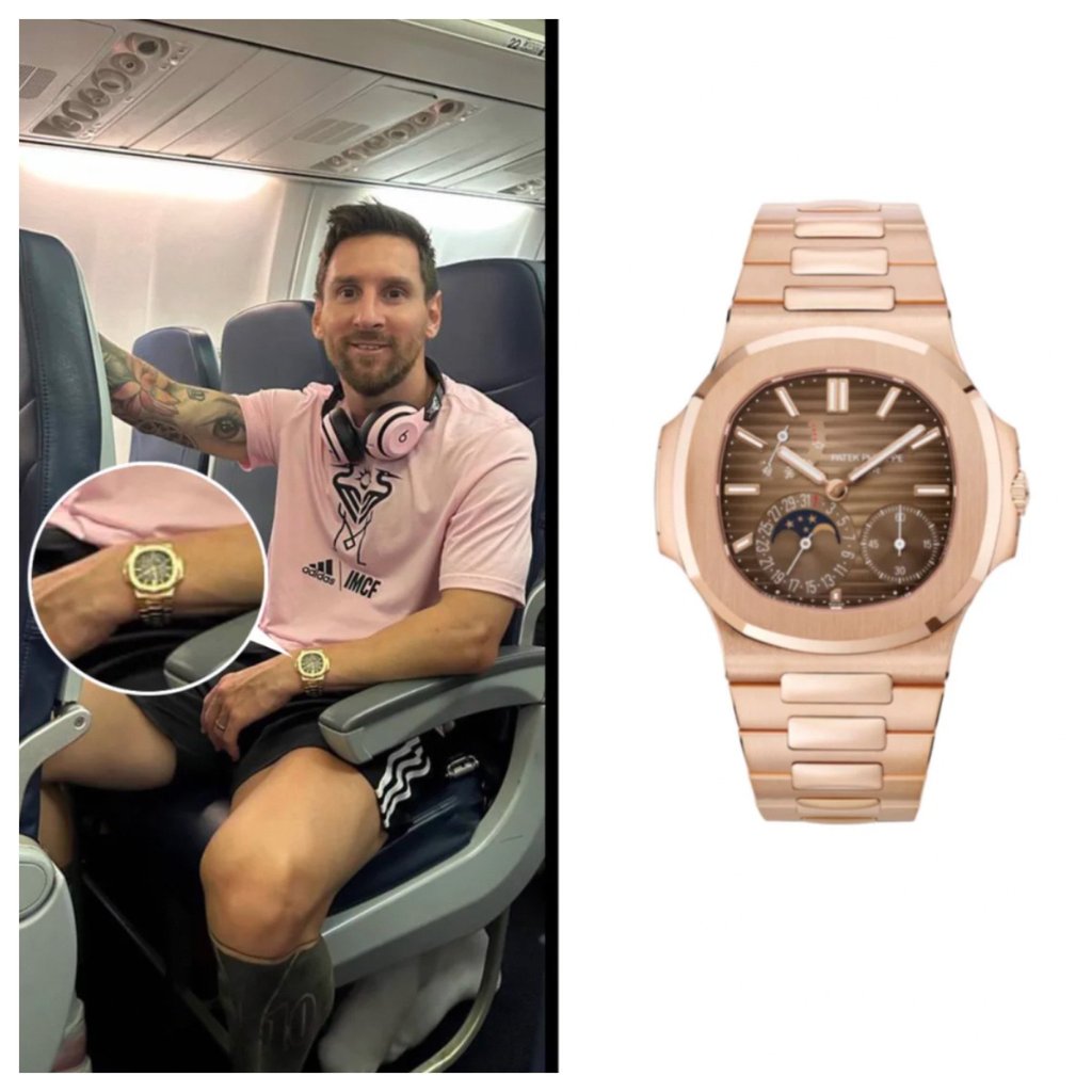 Lionel Messi wearing the Patek Philippe Novelty watch, Nautilus 5712/1R in 18K rose gold. Photo: @CrewsMat10/Twitter