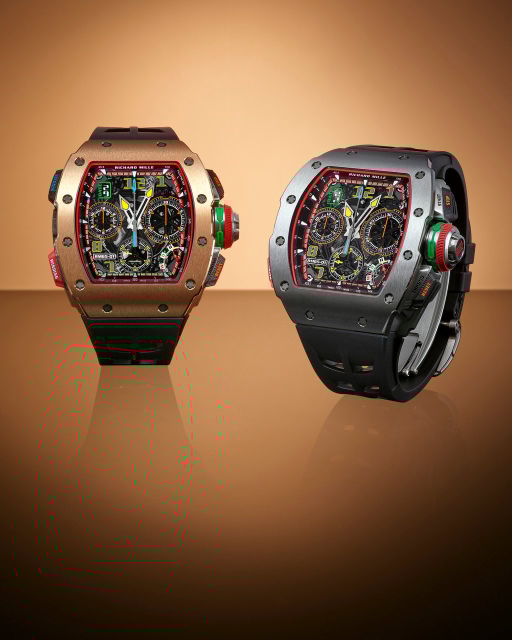 Richard Mille RM 65-01 in 5N red gold (left) and titanium (right). Richard Mille RM 65-01 in 5N red gold (left) and titanium (right).