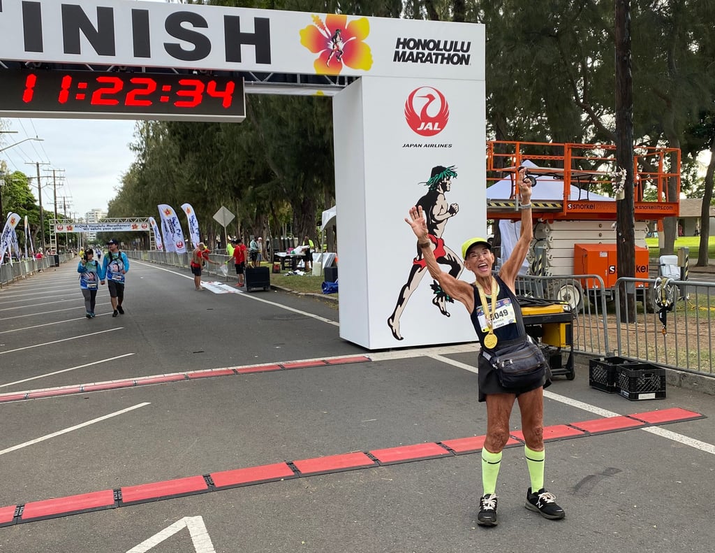 Mathea Allansmith made history as the oldest woman to finish a marathon, at the 2022 Honolulu Marathon. Photo: Mathea Allansmith