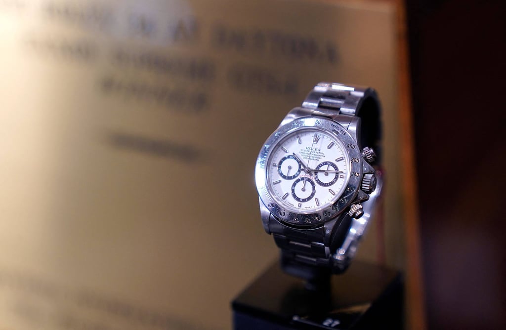 The 1993 Rolex reference 16520 Zenith Daytona, which was awarded to US film director Paul Newman in 1995 when he became the oldest person to win the 24 hours of the Daytona Race, is displayed during Sotheby’s Luxury Week 2023 press preview in New York City on June 1. Photo: AFP The 1993 Rolex reference 16520 Zenith Daytona, which was awarded to US film director Paul Newman in 1995 when he became the oldest person to win the 24 hours of the Daytona Race, is displayed during Sotheby’s Luxury Week 2023 press preview in New York City on June 1. Photo: AFP