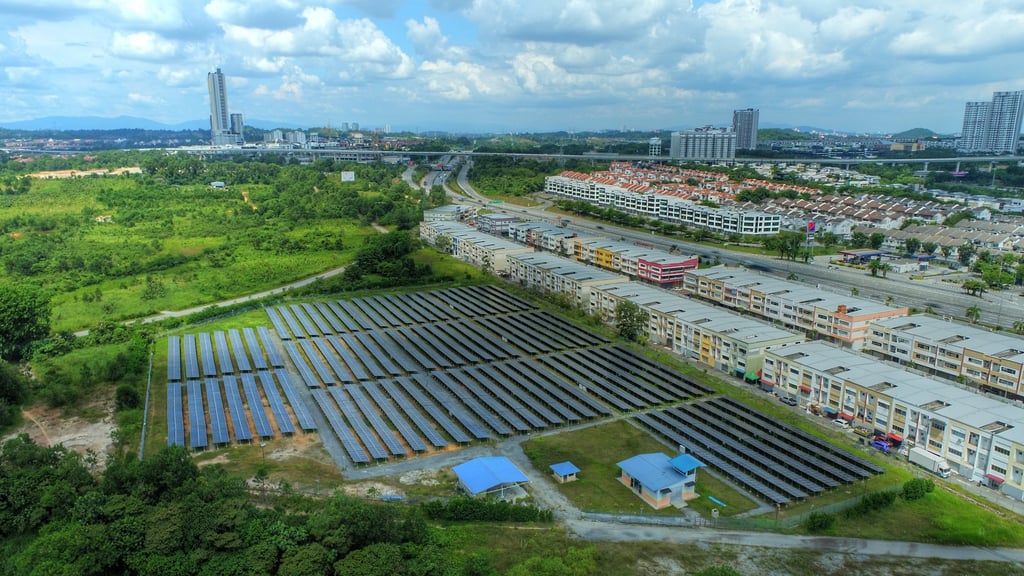 An aerial view of a small solar farm in Selangor, Malaysia. The country aims to produce 70 per cent of its energy through renewable sources by 2050. Photo: Shutterstock