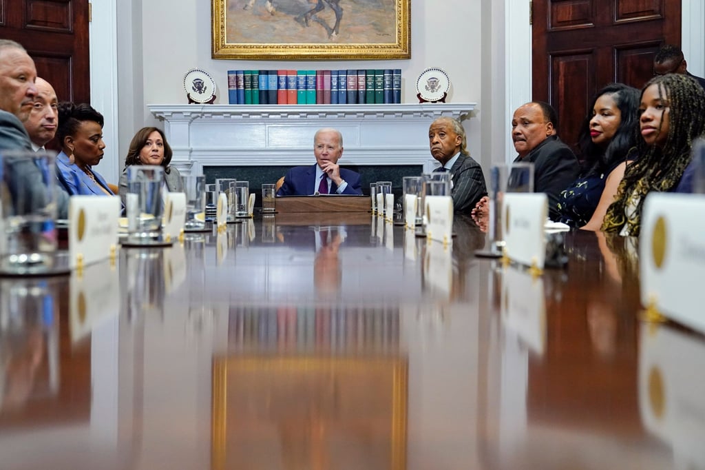 President Joe Biden and Vice-President Kamala Harris meet with organisers of the 60th anniversary of the March at the White House. Photo: AP President Joe Biden and Vice-President Kamala Harris meet with organisers of the 60th anniversary of the March at the White House. Photo: AP