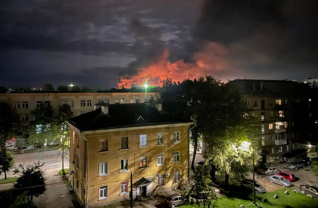 Smoke billowing over the city of Pskov in Russia following a drone attack. Photo: Pskov regional Governor Mikhail Vedernikov via EPA-EFE