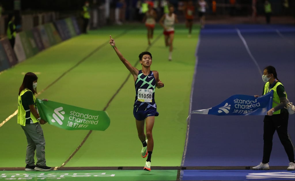 The 2023 men’s 10km champion Wong Tsz-to crosses the line in Victoria Park. Photo: Nora Tam The 2023 men’s 10km champion Wong Tsz-to crosses the line in Victoria Park. Photo: Nora Tam