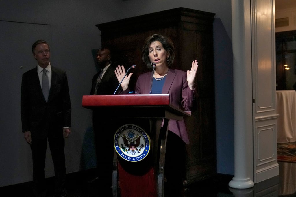 US Commerce Secretary Gina Raimondo speaks at a reception with US industry and Chinese government officials hosted by US Ambassador to China Nick Burns in Beijing on Monday. Photo: AP