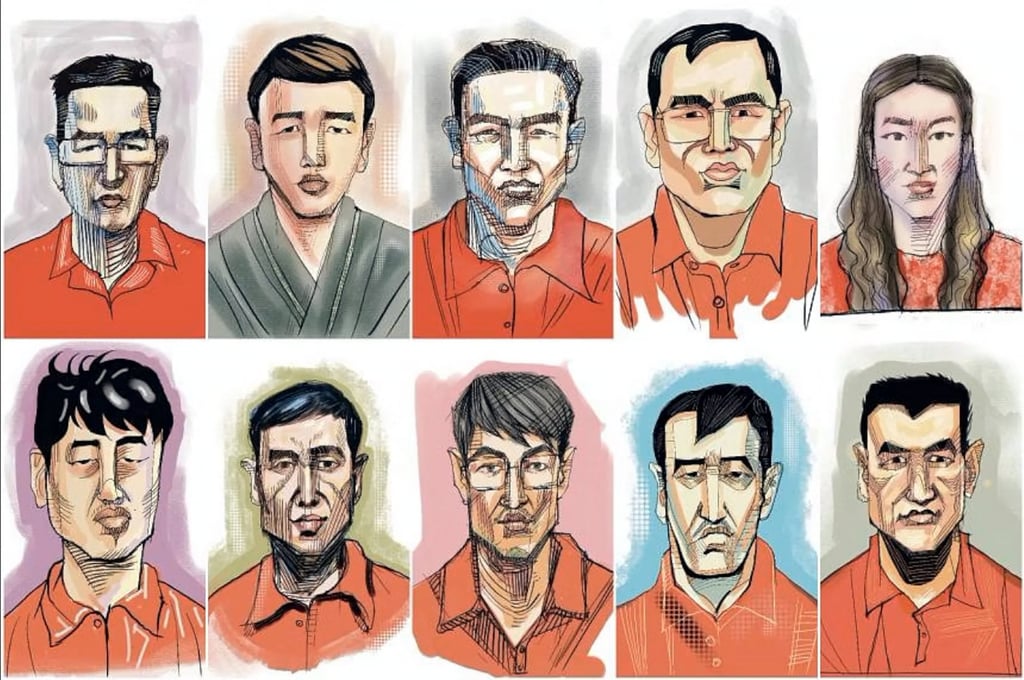 Court illustration of 10 foreigners linked to a major money-laundering operation in Singapore (clockwise from top left): Su Baolin, Su Haijin, Chen Qingyuan, Su Wenqiang, Lin Baoying, Zhang Ruijin, Wang Dehai, Su Jianfeng, Vang Shuiming and Wang Baosen. Photo: The Straits Times/Reuters