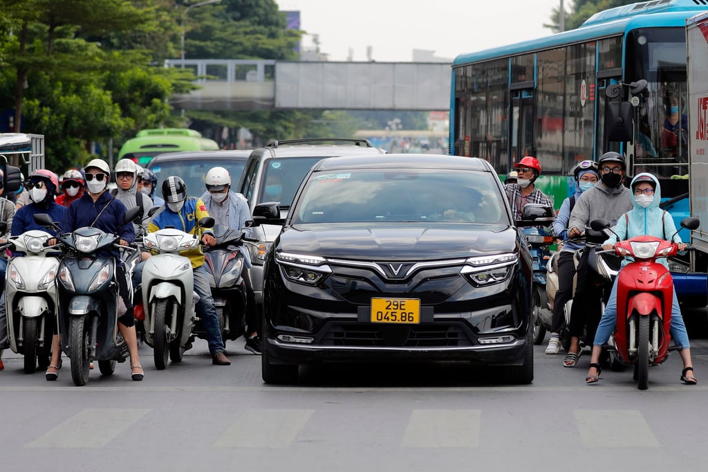 A VinFast electric car is seen on a road in Hanoi, Vietnam. Photo: EPA-EFE
