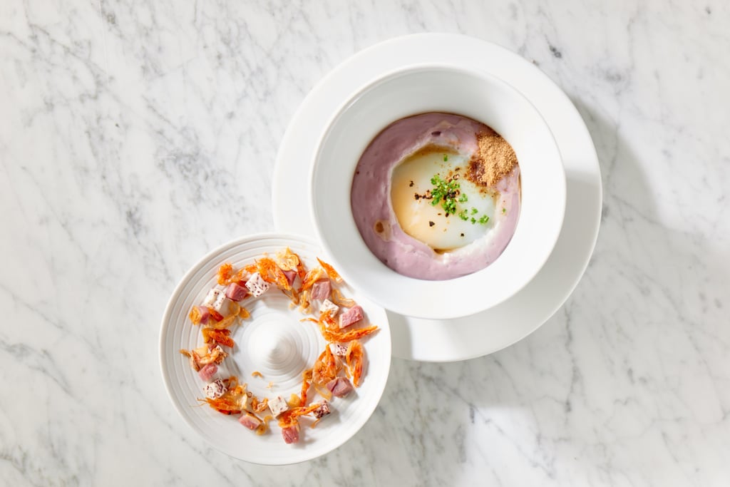 65 degree C silky egg with taro “en purée et Kueh”, Yilan “Ya shang” and sakura shrimp from Taïrroir. 65 degree C silky egg with taro “en purée et Kueh”, Yilan “Ya shang” and sakura shrimp from Taïrroir.