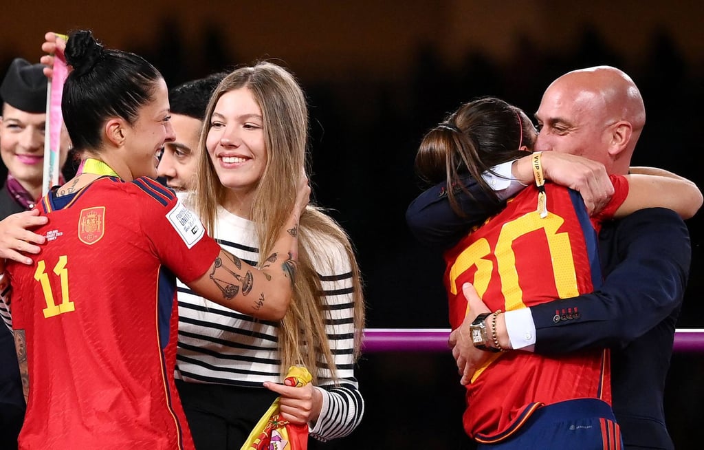 Spanish defender Rocio Galvez (20) is congratulated by Rubiales (right) after Spain won the Fifa Women’s World Cup final. Photo: AFP