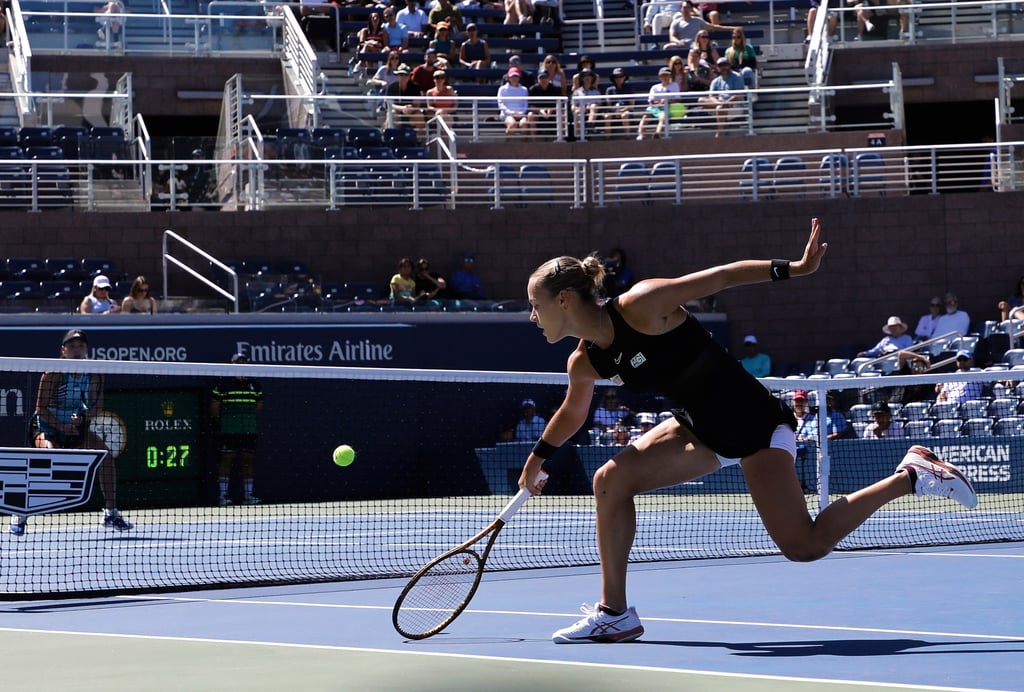 Slovakia’s Anna Karolina Schmiedlova send the ball to China’s Wang Xinyu in their second round match. Photo: EPA-EFE