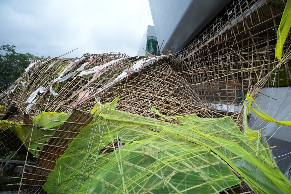 Saola’s power tore down bamboo scaffolding at the City University campus on Tat Chee Avenue in Kowloon. Photo: Sam Tsang Saola’s power tore down bamboo scaffolding at the City University campus on Tat Chee Avenue in Kowloon. Photo: Sam Tsang