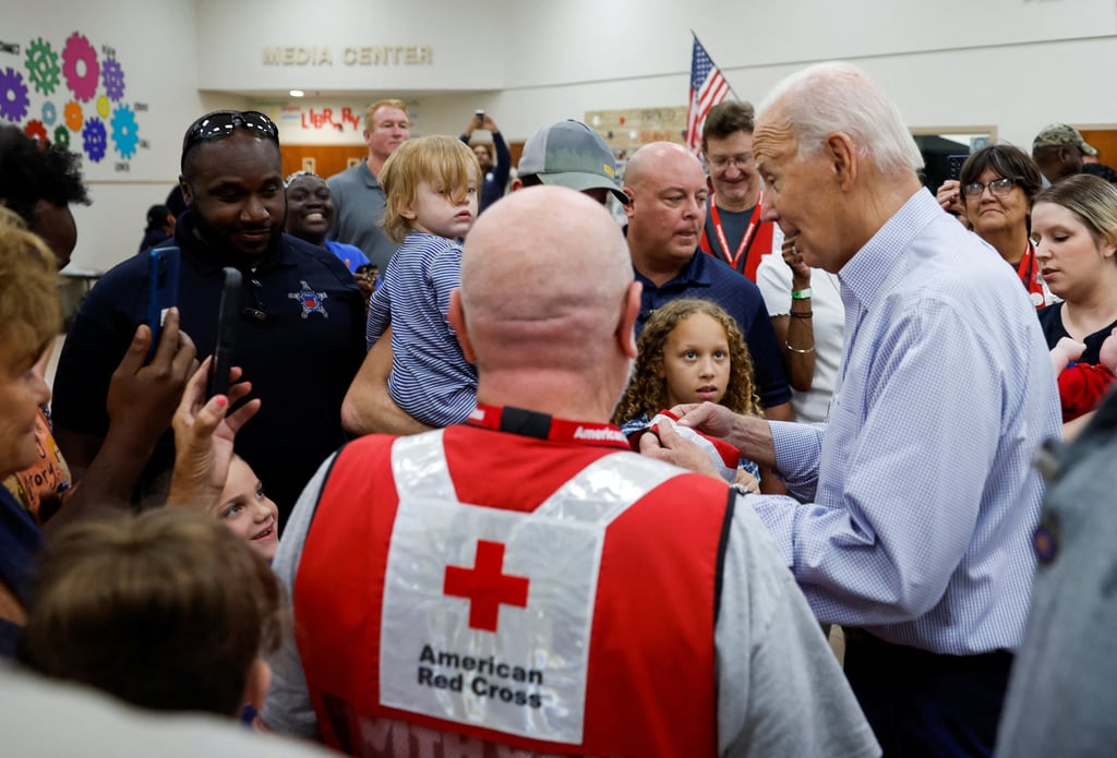 US President Joe Biden visits Suwannee Pineview Elementary School during his tour of Hurricane Idalia storm destruction in Live Oak, Florida, on Saturday. Photo: Reuters US President Joe Biden visits Suwannee Pineview Elementary School during his tour of Hurricane Idalia storm destruction in Live Oak, Florida, on Saturday. Photo: Reuters