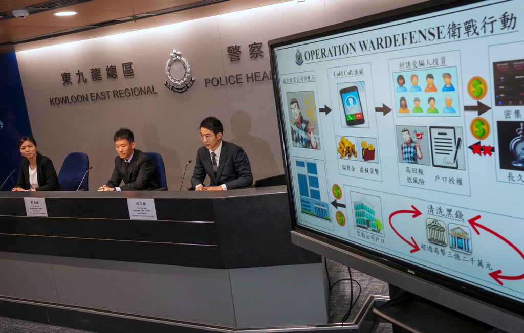 The police officers explain how the syndicate operated. Photo: Elson Li The police officers explain how the syndicate operated. Photo: Elson Li