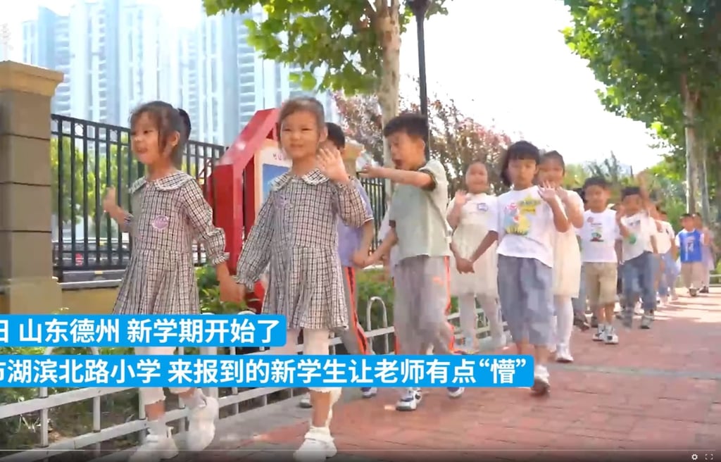 The cohort of newly enrolled twins as they arrive for their first day of school in a video shared on mainland social media. Photo: The Paper