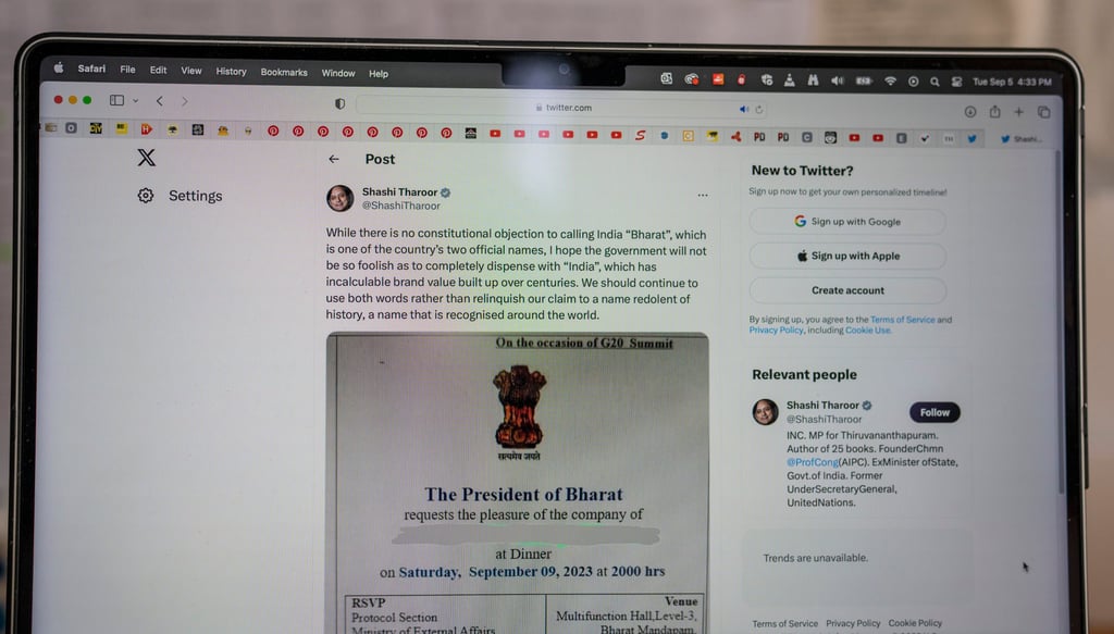 The Twitter page of India’s opposition Congress party leader Shashi Tharoor shows an invitation from the President of India reading as President of Bharat. Photo: AP