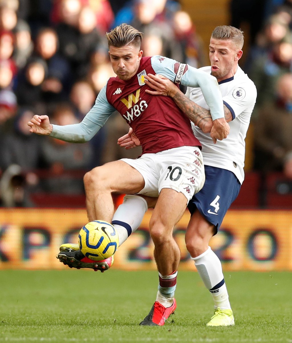Aston Villa’s Jack Grealish in action with Tottenham Hotspur’s Toby Alderweireld. Photo: Reuters