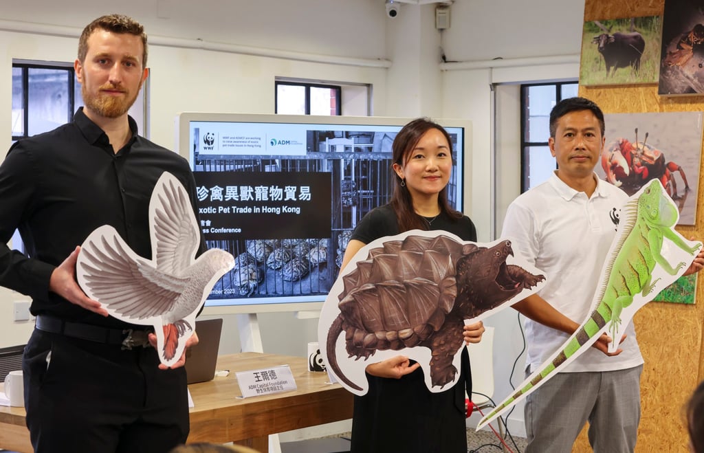 (From left) Sam Inglis and Christie Wong of the ADM Capital Foundation and Dr Bosco Chan of WWF-Hong Kong reveal the results of a survey showing most residents want tougher rules for the trade in exotic species. Photo: May Tse (From left) Sam Inglis and Christie Wong of the ADM Capital Foundation and Dr Bosco Chan of WWF-Hong Kong reveal the results of a survey showing most residents want tougher rules for the trade in exotic species. Photo: May Tse