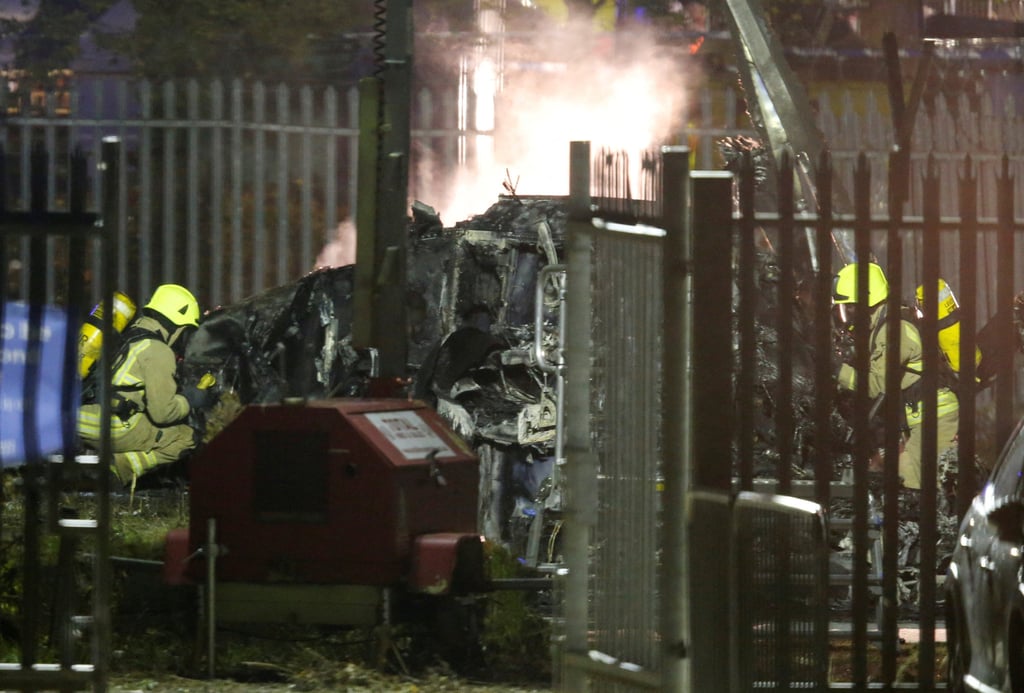 General view of the wreckage of the helicopter belonging to Leicester City owner Vichai Srivaddhanaprabha that crashed outside the King Power Stadium. Photo: Reuters