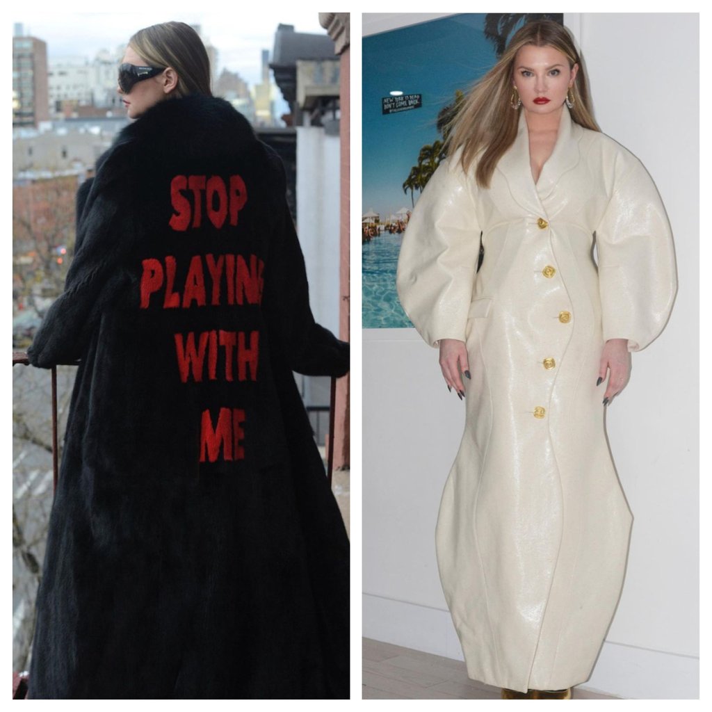 Anna Delvey does a fashion shoot from her flat wearing a Brandon Blackwood coat (left) and a full length Laruicci coat. Photo: @reyes_roderick/Instagram Anna Delvey does a fashion shoot from her flat wearing a Brandon Blackwood coat (left) and a full length Laruicci coat. Photo: @reyes_roderick/Instagram