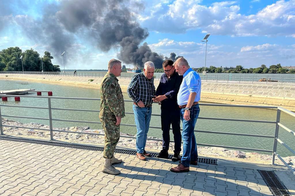 Romanian Defence Minister Angel Tilvar (second from left) visits areas in the Danube Delta close to the Ukrainian border on Wednesday. Photo: Romanian Defence Ministry via AP Romanian Defence Minister Angel Tilvar (second from left) visits areas in the Danube Delta close to the Ukrainian border on Wednesday. Photo: Romanian Defence Ministry via AP