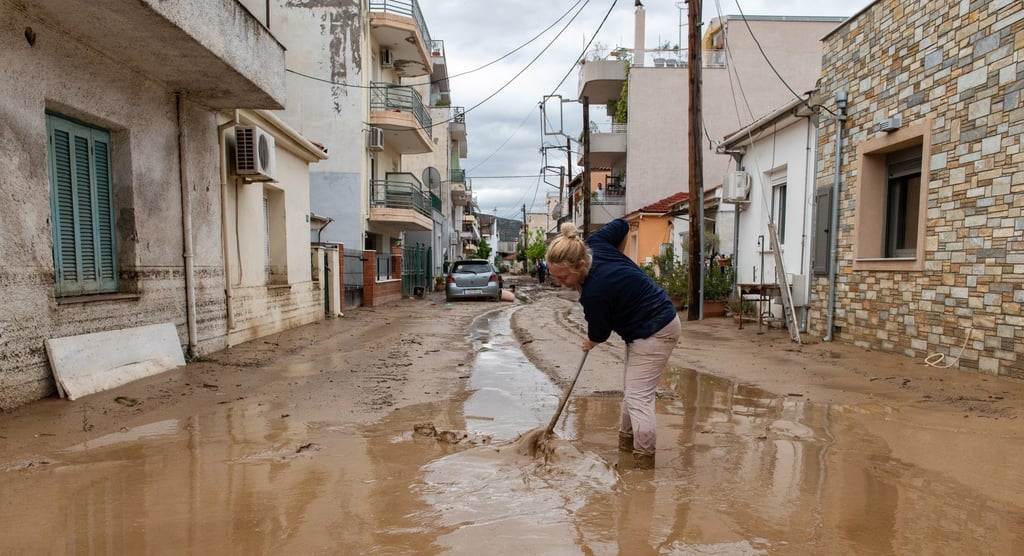 A woman tries to remove mud and water from a flooded road after a storm struck Magnesia, Greece. Photo: EPA-EFE