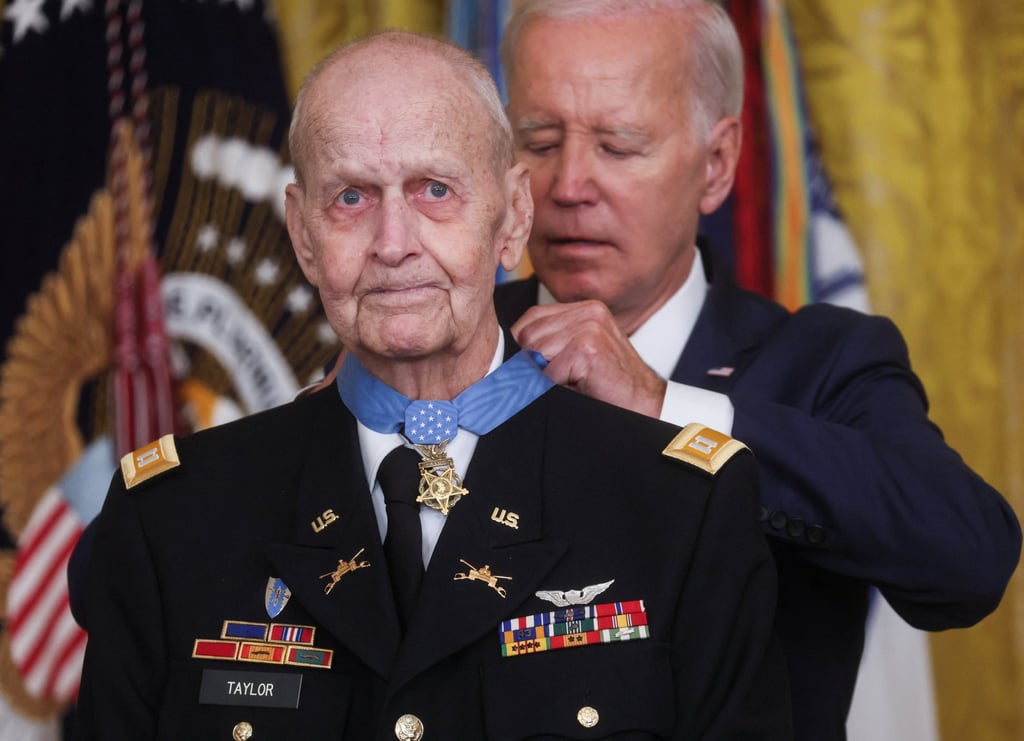 US President Joe Biden awards the Medal of Honour to retired US Army captain Larry Taylor at the White House on Tuesday. Photo: Reuters US President Joe Biden awards the Medal of Honour to retired US Army captain Larry Taylor at the White House on Tuesday. Photo: Reuters