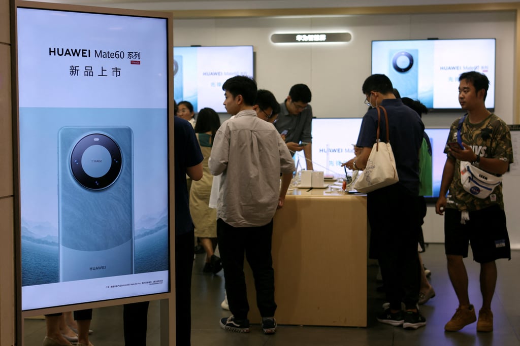 A Huawei store with advertisements for its latest Mate 60 series smartphones, at a shopping centre in Beijing. Photo: Reuters