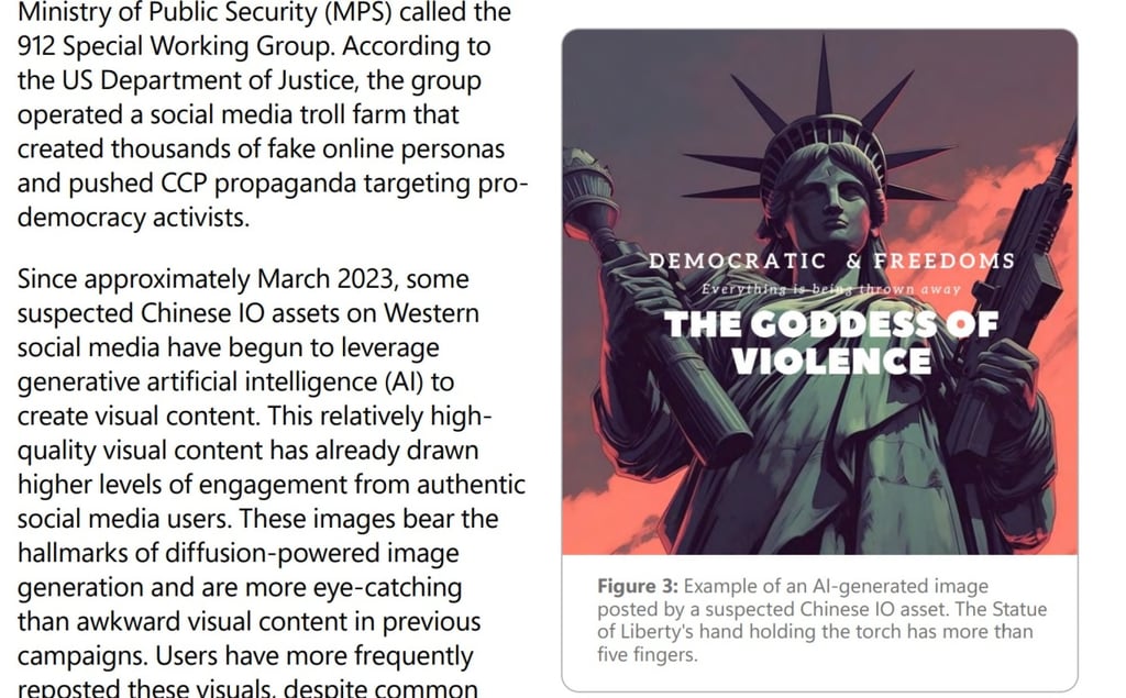 A screenshot from the Microsoft report shows one of the AI-generated images featuring the Statue of Liberty holding a rifle. Image: Microsoft Threat Analysis Centre