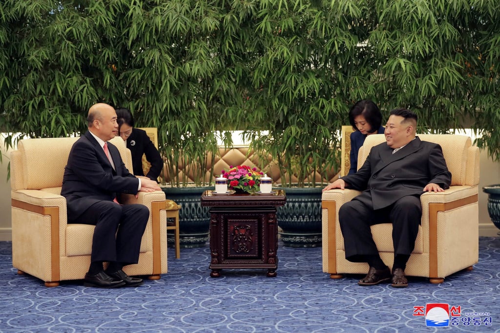North Korean leader Kim Jong-un meets a Chinese delegation led by Chinese Vice-Premier Liu Guozhong, who are visiting to participate in the celebration of the 75th anniversary of the founding of the Democratic People’s Republic of Korea. Photo: KCNA via Reuters North Korean leader Kim Jong-un meets a Chinese delegation led by Chinese Vice-Premier Liu Guozhong, who are visiting to participate in the celebration of the 75th anniversary of the founding of the Democratic People’s Republic of Korea. Photo: KCNA via Reuters