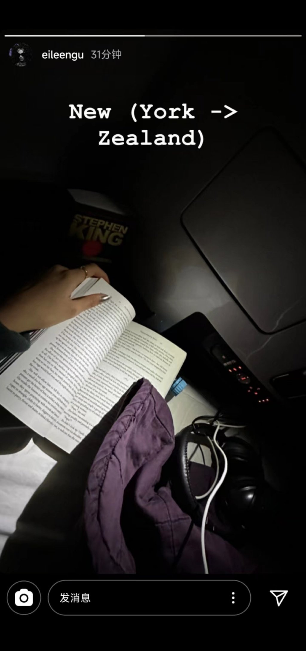 Eileen Gu posts a picture from her flight to New Zealand. Photo: Instagram/@eileengu Eileen Gu posts a picture from her flight to New Zealand. Photo: Instagram/@eileengu