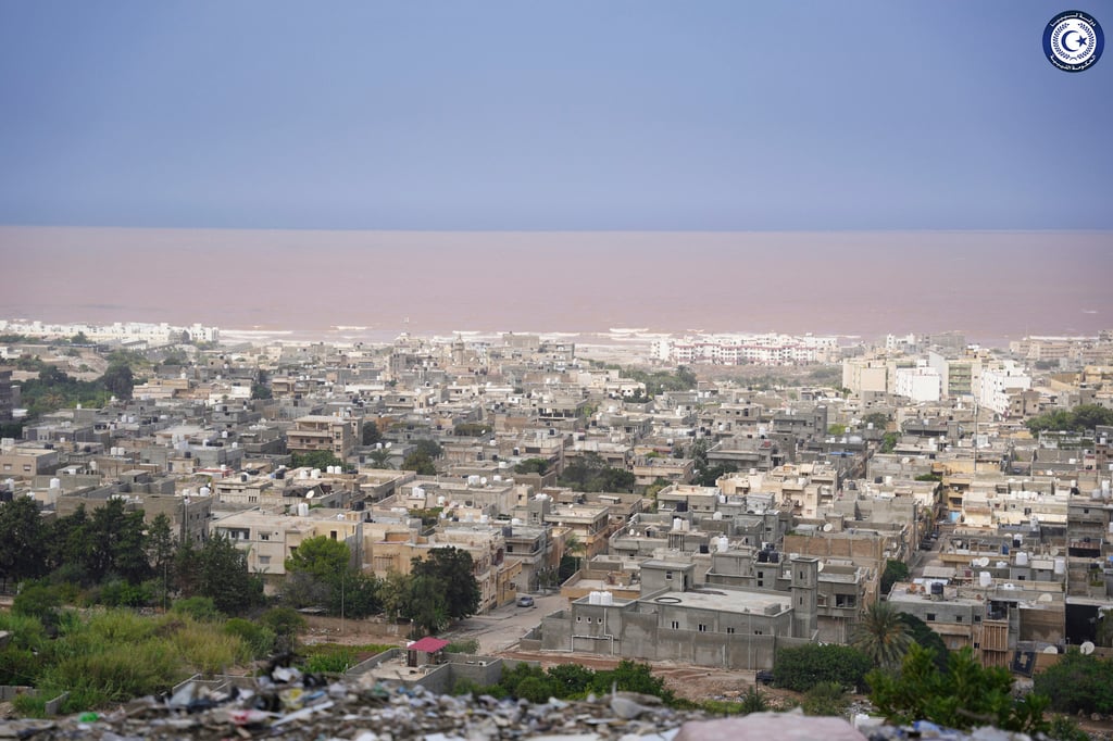 Muddied seawaters caused by heavy flooding off the coast of Derna, Libya. Photo: Libyan government via AP Muddied seawaters caused by heavy flooding off the coast of Derna, Libya. Photo: Libyan government via AP