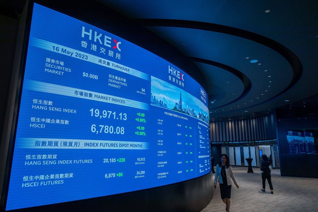 A screen showing various index figures inside the Connect Hall in Hong Kong in May 2023. Photo: Bloomberg