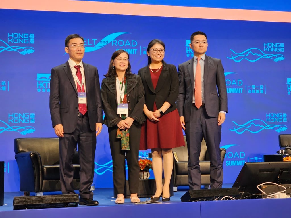 (From left to right) Li Junhang, director and general manager of Sinopec Insurance; Anna Wong Wai-kwan, a non-executive director of the Insurance Authority and professor of practice in finance at the University of Hong Kong; Jin Shiwei, head of global programs for APAC & Europe at AXA XL and Jia Jingwei, a Hong Kong-based partner of Oliver Wyman, spoke at the Belt and Road Summit. Photo: SCMP/ Enoch Yiu (From left to right) Li Junhang, director and general manager of Sinopec Insurance; Anna Wong Wai-kwan, a non-executive director of the Insurance Authority and professor of practice in finance at the University of Hong Kong; Jin Shiwei, head of global programs for APAC & Europe at AXA XL and Jia Jingwei, a Hong Kong-based partner of Oliver Wyman, spoke at the Belt and Road Summit. Photo: SCMP/ Enoch Yiu