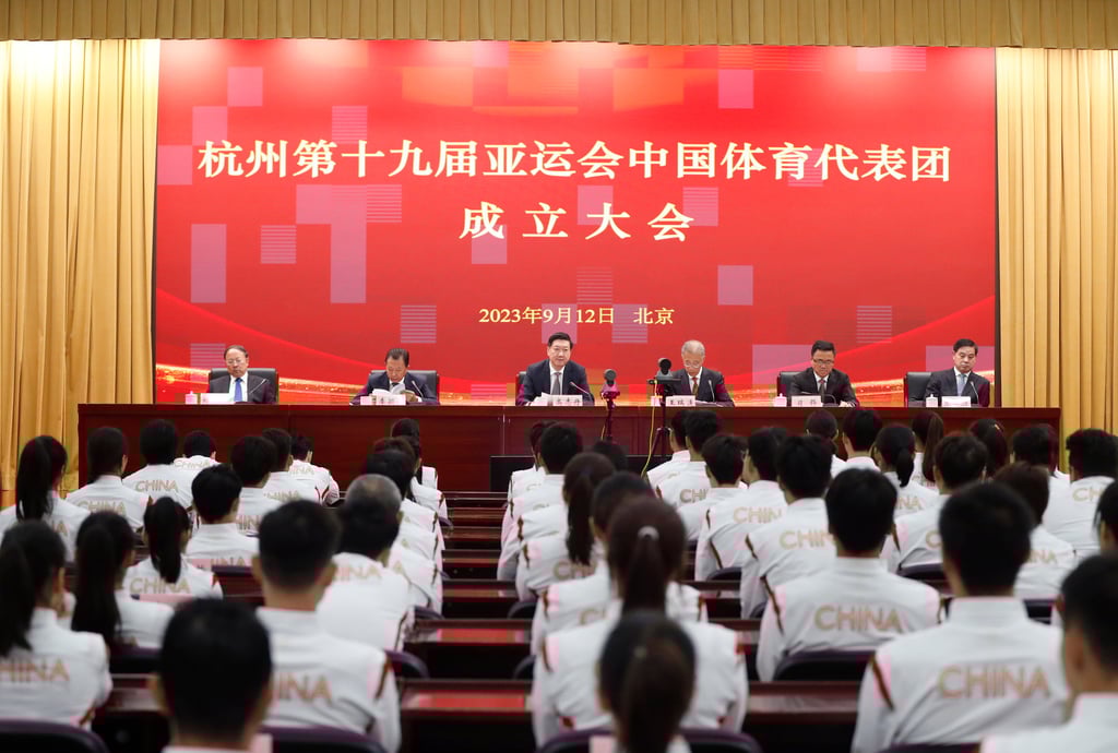 Members of the Chinese delegation for the Hangzhou Games receive a ‘political’ mission on Tuesday. Photo: Xinhua Members of the Chinese delegation for the Hangzhou Games receive a ‘political’ mission on Tuesday. Photo: Xinhua
