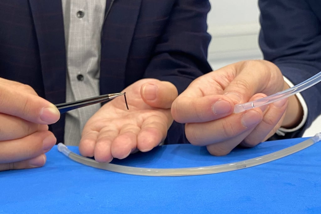 A close-up view of a hi-tech micro robot designed to strip bacteria from inside medical devices such as stents and catheters developed by a team from the Chinese University of Hong Kong. Photo: Elizabeth Cheung