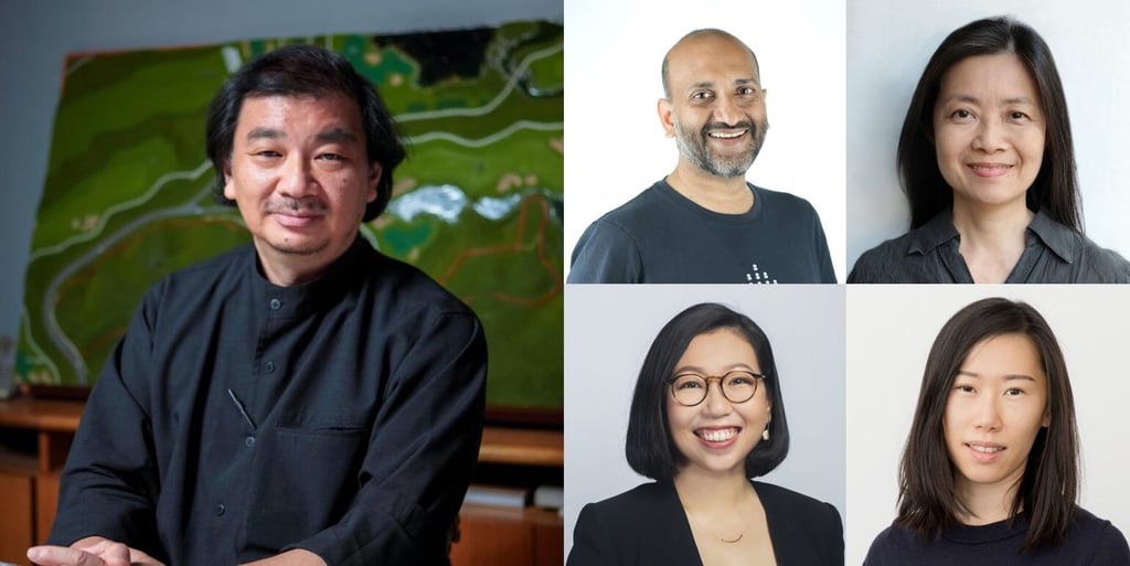 Speakers in the forum’s sustainability segment are (clockwise from left): Shigeru Ban, architect; Prasoon Kumar, CEO of BillionBricks; Catherine Loke, president of The Circle for Human Sustainability; Wendy Chua, designer and co-founder of Forest & Whale; and Joelle Chen, head of sustainability, Asia, at Lendlease.