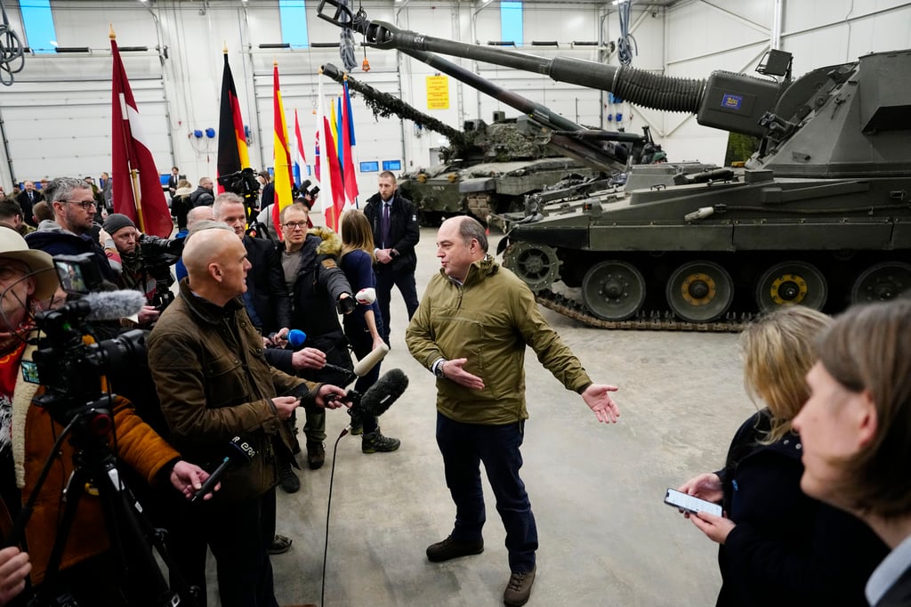 Britain’s Defence Secretary Ben Wallace speaks to the media during his visit to the Tapa Military Camp in Estonia in January. Photo: AP