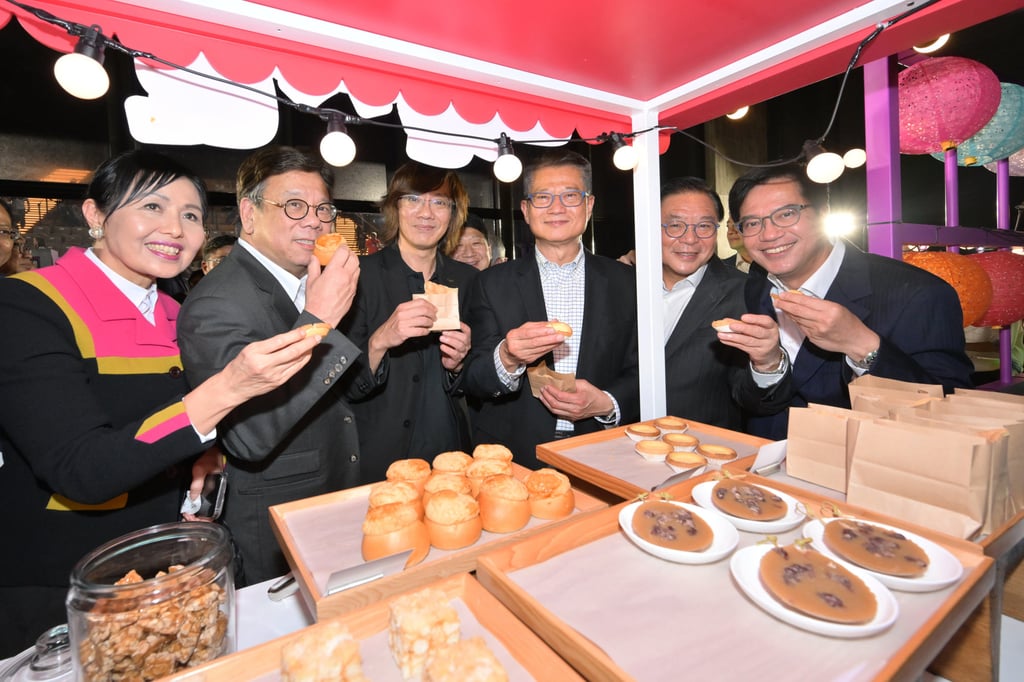 Financial Secretary Paul Chan (third from right), at the “Night Vibes Hong Kong” campaign launch ceremony. Also on hand: Deputy Financial Secretary Michael Wong (far right) and Secretary for Commerce and Economic Development Algernon Yau (second from left). Photo: Handout Financial Secretary Paul Chan (third from right), at the “Night Vibes Hong Kong” campaign launch ceremony. Also on hand: Deputy Financial Secretary Michael Wong (far right) and Secretary for Commerce and Economic Development Algernon Yau (second from left). Photo: Handout
