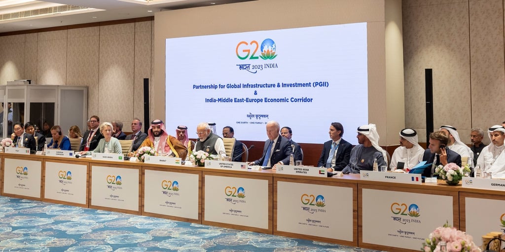 World leaders discuss the India-Middle East-Europe Corridor on September 9 in New Delhi. Photo: UAE Presidential Court/EPA-EFE World leaders discuss the India-Middle East-Europe Corridor on September 9 in New Delhi. Photo: UAE Presidential Court/EPA-EFE