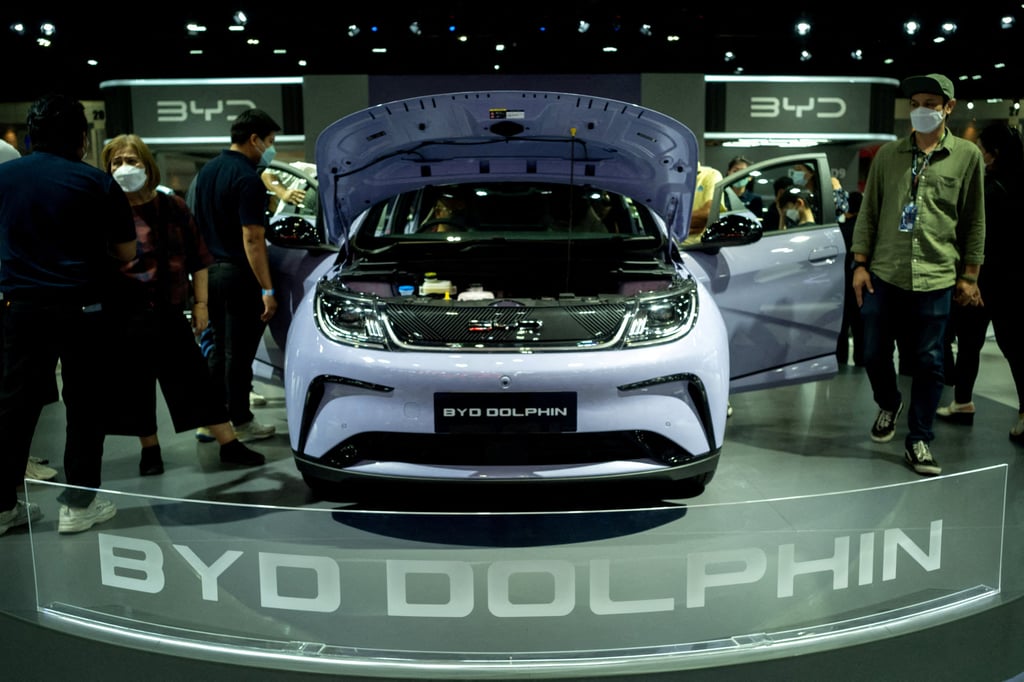 Visitors view a BYD Dolphin EV at the 44th Bangkok International Motor Show in Bangkok, Thailand, on March 23, 2023. Photo: Reuters