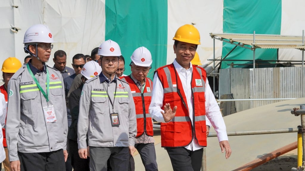 Widodo inspects the construction site for a South Korean chemical company’s new complex in Banten province earlier this month. His aggressive building spree while in office has sometimes stirred criticism. Photo: South Korean Embassy Handout via EPA-EFE
