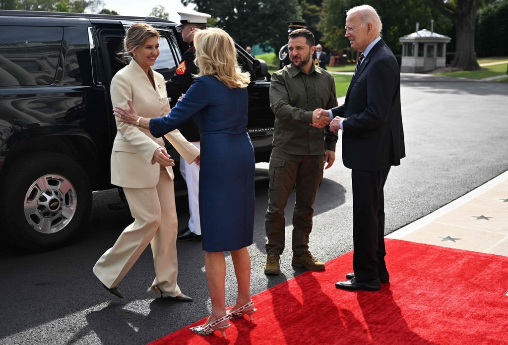 US President Joe Biden and first lady Jill Biden welcome Ukrainian President Volodymyr Zelensky and first lady Olena Zelenska at the White House on Thursday. Photo: AFP US President Joe Biden and first lady Jill Biden welcome Ukrainian President Volodymyr Zelensky and first lady Olena Zelenska at the White House on Thursday. Photo: AFP